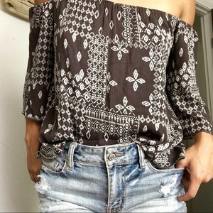 Brown and White Off Shoulder Peasant Top